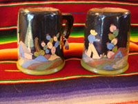 Mexican vintage pottery, Tlaquepaque blackware mugs, c. 1925.