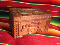 Mexican vintage wood-carving and Mexican vintage folk art, a wooden box beautifully carved with Mayan faces and designs, c. 1930-40. The top of the box bears a silver plaque with wonderful Mayan symbols or faces. Main photo.