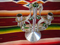 BU-3: Mexican vintage tinwork art, and Mexican vintage folk art, a lovely tinwork-art candlelabra with five green glass spheres as decorations, Oaxaca, c. 1940's. Photo looking down at the top of the candlelabra.