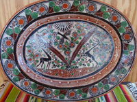 Mexican vintage pottery and ceramics, a very beautiful petatillo (background cross-hatching pattern resembling a straw mat, or petate, in Spanish) oval charger with incredibly fine artwork, by the late and very famous artist, Jose Bernabe, Tonala, c. 1940's.  Main photo of the oval charger.