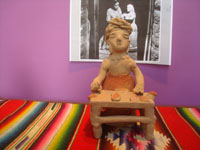 Mexican vintage folk art, three pottery statues of women of the marketplace, mercanderas, by the famous ceramicist Teodora Blanco, Santa Maria Atzompa, Oaxaca, c. 1960's.  Photo of the first statue.