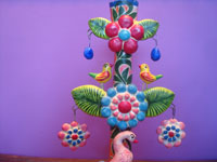 Mexican vintage folk art and pottery, a beautiful tree-of-life featuring a lovely flamingo and wonderful floral decorations and birds, Izucar de Matamoros, Puebla, c. 1950's. Clowup photo of the top of the tree.