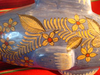 Mexican vintage pottery and ceramics, and Mexican vintage folk art, a burnished pottery fish from Tonala Jalisco, c. 1930's. A closeup photo of the side of the pottery fish.