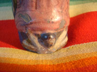 Mexican vintage pottery and ceramics and Mexican vintage folk art, a pottery bottle in the form of Our Lady of Guadalupe from Tlaquepaque, Jalisco, c. 1930's. Photo of the angel at the feet of the Virgen.