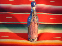 Mexican vintage pottery and ceramics and Mexican vintage folk art, a pottery bottle in the form of Our Lady of Guadalupe from Tlaquepaque, Jalisco, c. 1930's. Main photo.