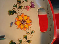 Mexican vintage wood-carving and Mexican vintage folk art, a laquer-ware tray from Olinala, c. 1940's. The tray features two old men with canes in the center, surrounded by flowers and a wonderful red rim. Another closeup.