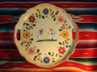 Mexican vintage wood-carving and Mexican vintage folk art, a laquer-ware tray from Olinala, c. 1940's. The tray features two old men with canes in the center, surrounded by flowers and a wonderful red rim. Main photo.