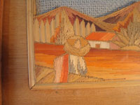 Mexican vintage "straw-art" (popote art or popotillo) tray, c. 1940's. The popote art is very fine and very intricate. The frame is also decorated with very fine popote or straw-art, and incised geomtric patterns in the wood on the handles of the frame and and in the wood immediately around the central image. Closeup of popote scene.