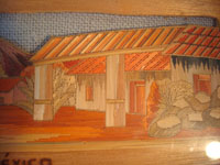 Mexican vintage "straw-art" (popote art or popotillo) tray, c. 1940's. The popote art is very fine and very intricate. The frame is also decorated with very fine popote or straw-art, and incised geomtric patterns in the wood on the handles of the frame and and in the wood immediately around the central image. Another closeup photo.