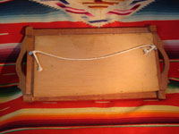 Mexican vintage "straw-art" (popote art or popotillo) tray, c. 1940's. The popote art is very fine and very intricate. The frame is also decorated with very fine popote or straw-art, and incised geomtric patterns in the wood on the handles of the frame and and in the wood immediately around the central image. A photo showing the back side of the frame.