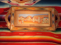Mexican vintage "straw-art" (popote art or popotillo) tray, c. 1940's. The popote art is very fine and very intricate. The frame is also decorated with very fine popote or straw-art, and incised geomtric patterns in the wood on the handles of the frame and and in the wood immediately around the central image. Main photo.