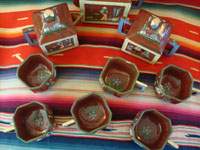 Mexican vintage pottery and ceramics, an entire tea set with teapot, creamer and sugar-bowl, and six cups, from the pottery center of Tlaquepaque, Jalisco, c. 1930's. Photo shot from above the set.