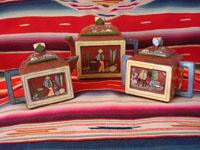 Mexican vintage pottery and ceramics, an entire tea set with teapot, creamer and sugar-bowl, and six cups, from the pottery center of Tlaquepaque, Jalisco, c. 1930's. Photo showing the three main parts of the set.