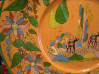 Mexican vintage pottery and ceramics, an incredibly large and beautiful pottery charger from Tlaquepaque, Jalisco, c. 1920-30's. The artwork on this charger is spectacular. This piece is museum-quality! Another closeup photo.
