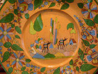 Mexican vintage pottery and ceramics, an incredibly large and beautiful pottery charger from Tlaquepaque, Jalisco, c. 1920-30's. The artwork on this charger is spectacular. This piece is museum-quality! A closeup photo of the center design.