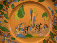 Mexican vintage pottery and ceramics, an incredibly large and beautiful pottery charger from Tlaquepaque, Jalisco, c. 1920-30's. The artwork on this charger is spectacular. This piece is museum-quality! Another photo of the center of the charger.