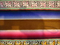 Mexican vintage textiles and sarapes, a spectacular Saltillo sarape with bands of tela deshilada (threads are removed and lovely flowers are then created with the remaining threads), c. 1920-40. This is an extremely rare and beautiful Mexican textile.  Another photo showing some of the band patterns of the sarape.