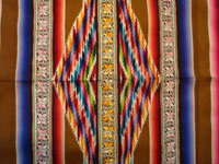 Mexican vintage textiles and sarapes, a spectacular Saltillo sarape with bands of tela deshilada (threads are removed and lovely flowers are then created with the remaining threads), c. 1920-40. This is an extremely rare and beautiful Mexican textile.  Another closeup of the center medallion of the sarape.
