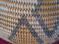 Native American Indian antique baskets, a very beautiful and rare polychrome Chemehuevi olla, Parker, Arizona area, c. 1915-20.  Closeup photo of one part of the Chemehuevi Indian basket, showing the remarkable tightness of the weave.