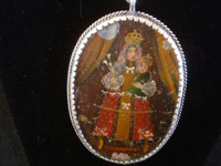Mexican vintage devotional art, and Mexican vintage sterling silver jewelry, a beautiful relicario with the small retablo beautifully painted on tin, with a lovely hand-made silver chain, c. 1920's.  Another closeup photo of the first side of the relcario.