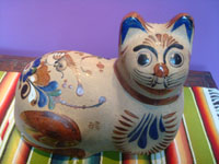 Mexican vintage folk art, a wonderful Tonala stoneware kitty with beautiful artwork decorations, Tonala, Jalisco, c. 1950's. Main photo of the Tonala kitty.