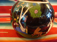 Mexican vintage pottery and ceramics, and Mexican vintage folk art, a pottery bowl or tecomate with wonderful rural scenes on blackware, from Tlaquepaque, Jalisco, c. 1930. Another side of the bowl.