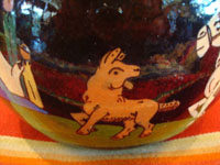 Mexican vintage pottery and ceramics, and Mexican vintage folk art, a pottery bowl or tecomate with wonderful rural scenes on blackware, from Tlaquepaque, Jalisco, c. 1930. Photo of the doggie.