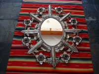 Mexican vintage tinwork-art, or tin-art, a very fine tinwork mirror with excellent construction and stamping, c. 1940-50's. Another photo of the entire tin mirror.