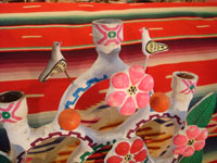 Mexican vintage pottery and ceramics, and Mexican vintage folk art, a pottery tree of life from Metepec or Dolores Hidalgo, c. 1950-60's. The tree of life features two lovely birds near the top. Closeup photo of tree of life.