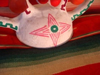 Mexican vintage pottery and ceramics, and Mexican vintage folk art, a pottery tree of life from Metepec or Dolores Hidalgo, c. 1950-60's. The tree of life features two lovely birds near the top. Closeup photo of designs on the base.