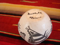 Native American Indian vintage pottery, a fine Acoma pot with an insect (bee or moth) motif, signed M. Antonio, c. 1960's. The insect motif is repeated three times, separated each time by the cloud/rain motif. Photo of the bottom of the Acoma pottery pot.