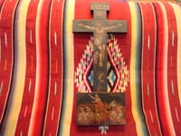 Mexican antique devotional art and wood-carving, a beautiful Cruz de Animas y de Muerte ("Cross of the Souls in Purgatory and the Deceased"), made of mesquite and exquisitely painted with images of Christ and of animas (souls in purgatory), probably from Queretero, c. 1875. Main photo of the cross.