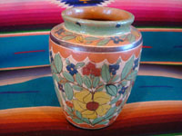 Mexican vintage pottery and ceramics, a lovely petatillo vase, with beautiful hand-painted decorations, Tonala or San Pedro Tlaquepaque, Jalisco, c. 1930's. Main photo of one side of the vase.
