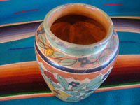 Mexican vintage pottery and ceramics, a lovely petatillo vase, with beautiful hand-painted decorations, Tonala or San Pedro Tlaquepaque, Jalisco, c. 1930's. Photo shot from above, looking down at the mouth of the Tonala vase.