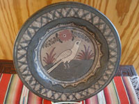 Mexican vintage pottery and ceramics, a lovely burnished pottery plate with graceful and magnificent artwork, Tonala or San Pedro Tlaquepaque, c. 1930's. Main photo of the burnished pottery plate.