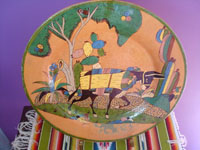 Mexican vintage pottery and ceramics, a beautiful pottery charger with wonderful artwork, Tonala or San Pedro Tlaquepaque, c. 1930's. Main photo of the charger.