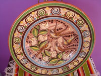 Mexican vintage pottery and ceramics, a beautiful petatillo (background of fine cross-hatching resembling a straw mat or petate in Spanish) and wonderful artwork featuring three sparrows amidst lovely calla lillies and foliage, by Martin Garcia Rios, Tonala, Jalisco, c. 1940.  Main photo of the charger.