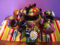 Mexican vintage pottery and ceramics, a lovely lidded pottery chocolate/champurada pot with six beautiful cups hanging from the sides, Michoacan, c. 1950's.  Main photo of the piece.
