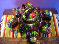 Mexican vintage pottery and ceramics, a lovely lidded pottery chocolate/champurada pot with six beautiful cups hanging from the sides, Michoacan, c. 1950's.  Another full photo of the pot and cups.