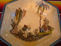 Mexican vintage pottery and ceramics, a beautiful six-sided bowl from Tlaquepaque, Jalisco, c. 1920-30. Closeup photo of the central design scene of the bowl.