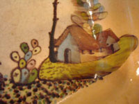 Mexican vintage pottery and ceramics, a beautiful six-sided bowl from Tlaquepaque, Jalisco, c. 1920-30. Closeup showing the Mexican peasant's house.