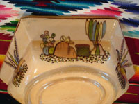 Mexican vintage pottery and ceramics, a beautiful six-sided bowl from Tlaquepaque, Jalisco, c. 1920-30. Photo showing scenes painted on the sides of the bowl.