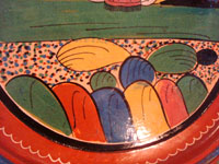 Mexican vintage pottery and ceramics, a wonderful charger from Tlaquepaque, c. 1930-40. Beautifully decorated with a Diego Rivera-like scene of a woman kneeling as she contemplates lovely flowers. Closeup photo of the plants decorating the lower front of the charger.