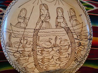 Mexican pottery and ceramics, a wonderful charger from Tzintzuntzan, Michoacan, on the shores of Lake Patzcuaro, c. 1990. Another closeup of the center of the charger showing the women fishing.