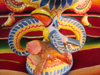 Mexican vintage pottery and ceramics, and Mexican vintage folk art, a beautiful "tree of life" candleabra with birds and a wonderful tucan, c. 1960's. Closeup photo showing the tucan with a wonderful orange beak.