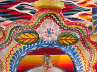 Mexican vintage pottery and ceramics, and Mexican vintage folk art, a beautiful "tree of life" candleabra with birds and a wonderful tucan, c. 1960's. Another closeup photo of the decorations on the tree of life.