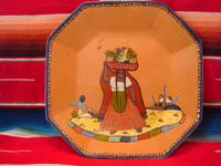 Mexican vintage pottery and ceramics, an octagonal pottery plate featuring a dashingly lovely Mexican maiden, very finely painted, Tonala or Tlaquepaque, Jalisco, c. 1920-30's. Main photo of the front of the Tonala or Tlaquepaque plate with the lovely maiden.