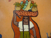 Mexican vintage pottery and ceramics, an octagonal pottery plate featuring a dashingly lovely Mexican maiden, very finely painted, Tonala or Tlaquepaque, Jalisco, c. 1920-30's. Closeup photo of the lovely maiden.