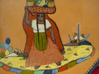 Mexican vintage pottery and ceramics, an octagonal pottery plate featuring a dashingly lovely Mexican maiden, very finely painted, Tonala or Tlaquepaque, Jalisco, c. 1920-30's. Another view of the maiden.