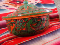 Mexican vintage pottery and ceramics, a fantasia-ware lidded casserole with beautiful and fanciful hand-painted decorations, Tonala or Tlaquepaque, Jalisco, c. 1940's. Photo showing a side-view of the fantasia bowl.
